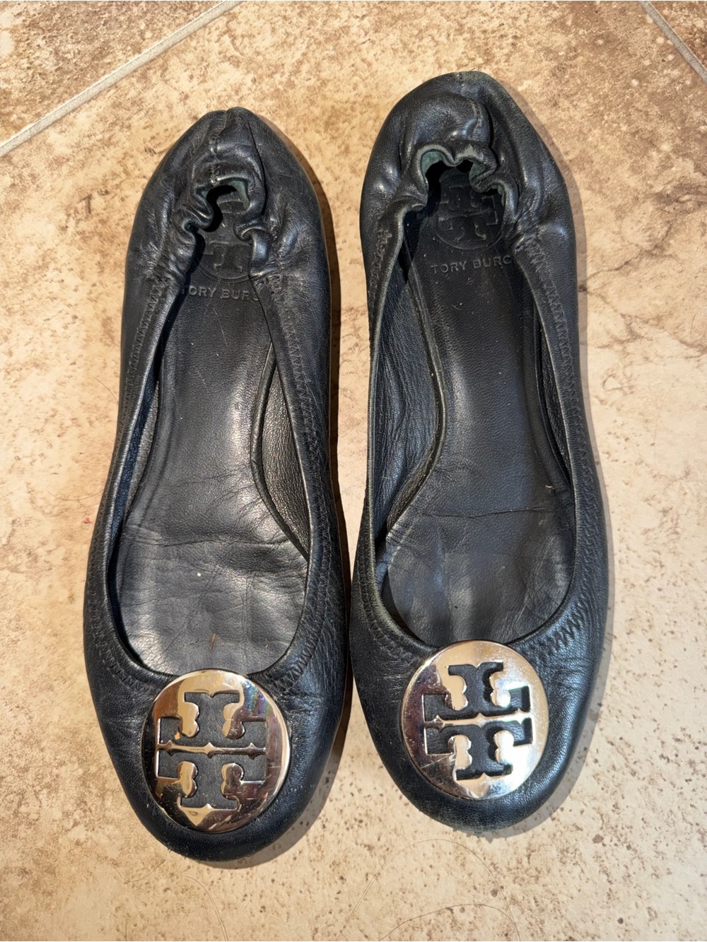 Tory Burch Black Leather Logo Round-Toe Ballet Flats